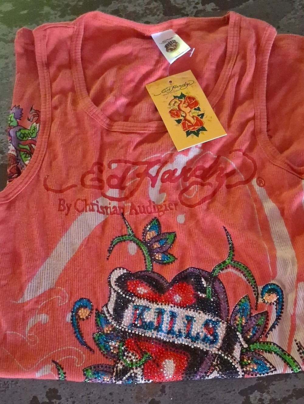 Womens Medium ED HARDY Coral Graphic Tank Top with Sparkle Detail